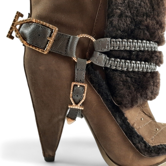 IVY KIRZHNER Shearling Rose Gold Harness Stud Leather Olive Brown Heeled Boot 8 - Picture 4 of 14